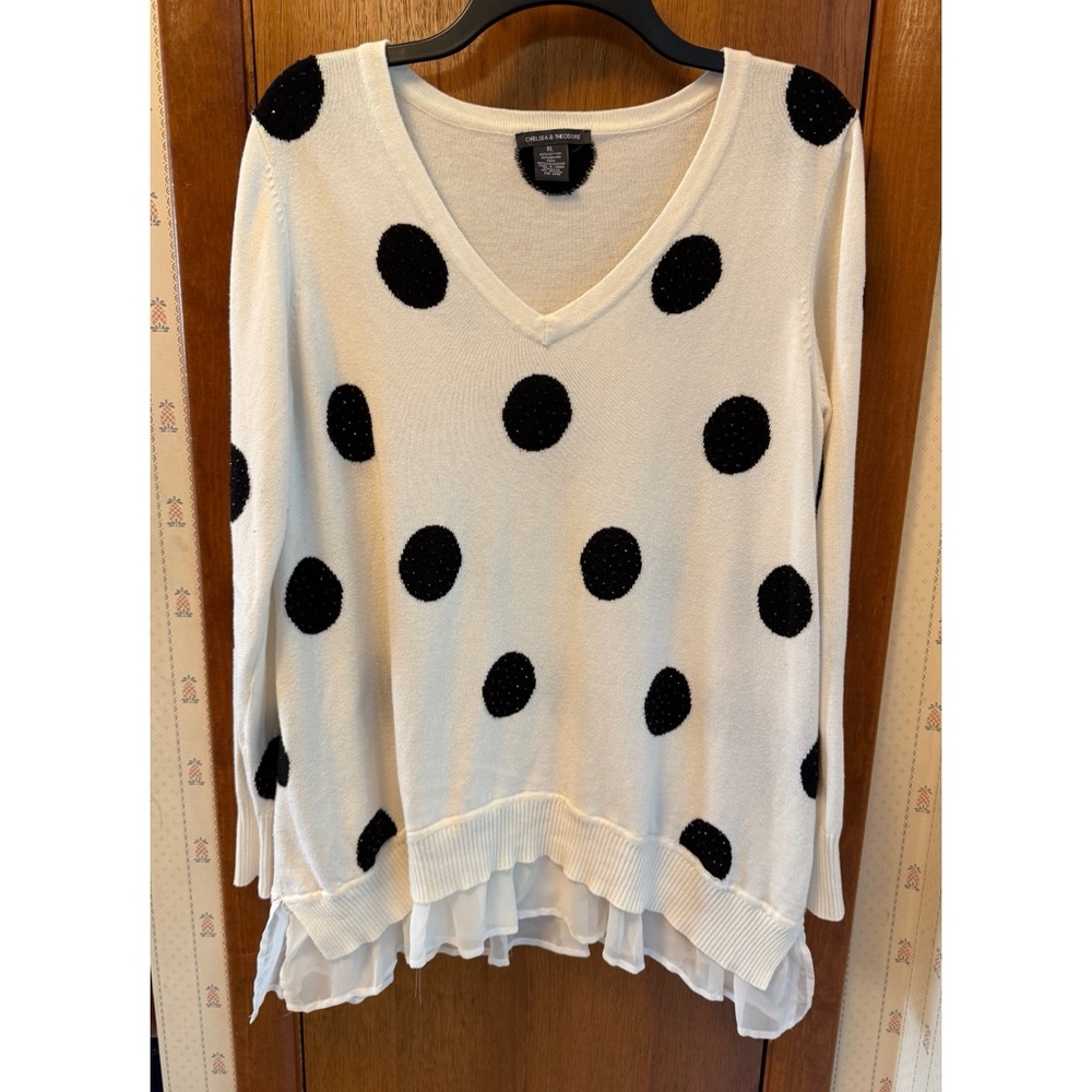 Chelsea & Theodore Ivory Sweater with Black Shimmery Polka Dots